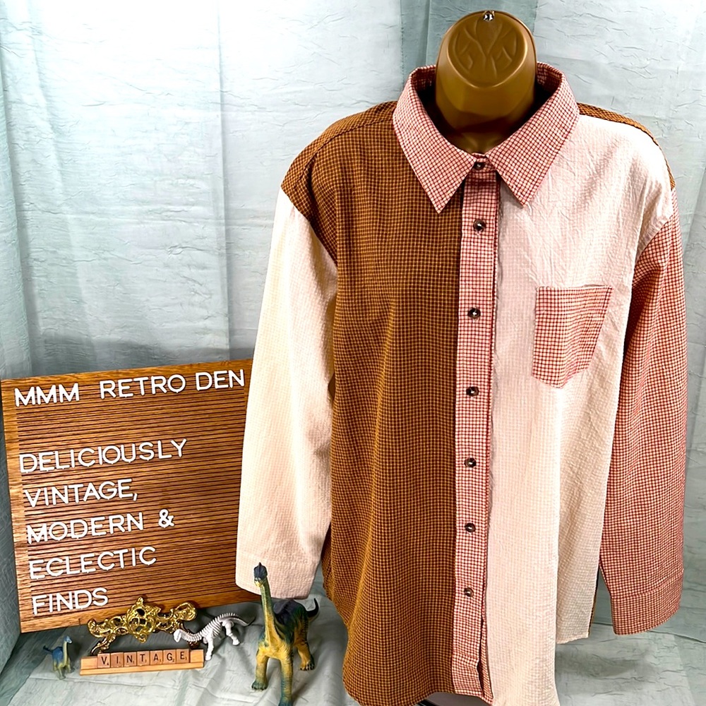 Easel Los Angeles Button Up Long Sleeve Shirt | Mini Plaid Pattern | L